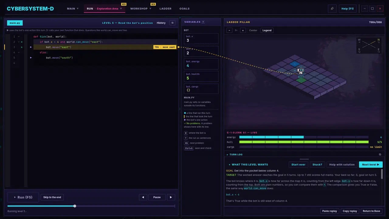 A level 5 lesson: a short Python tick function in the editor, the bot's variables beside it, and the bot on a small isometric grid with the level's goal explained underneath.