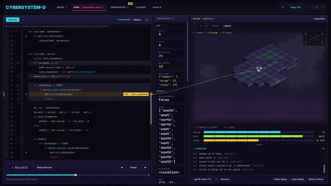 A delve at depth 2 of the ruins: a Python program with its current line highlighted, the bot's cargo of copper, scrap and resin, and the bot on an isometric map with a turn log below.