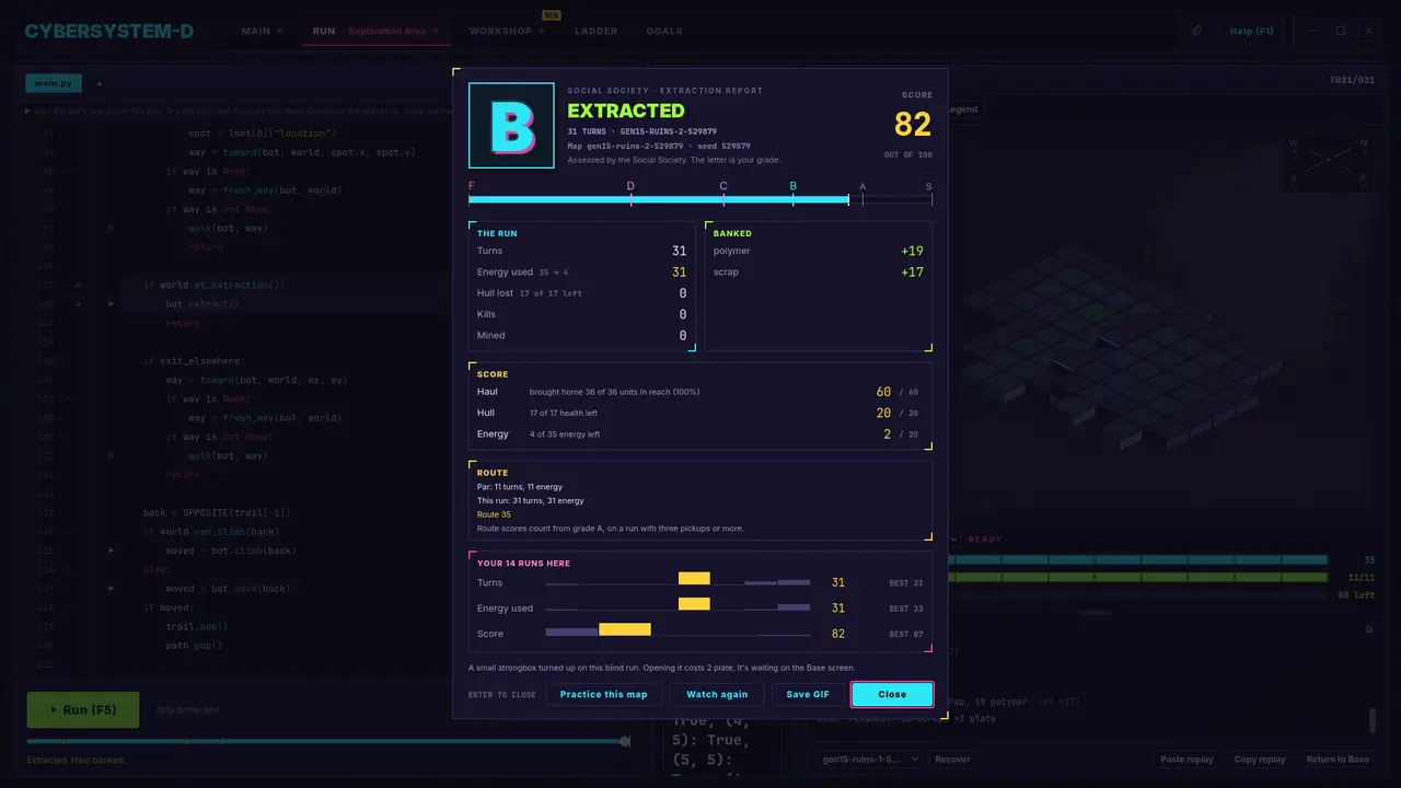 The extraction report after a run: a B grade and a score of 82 out of 100, with turns, energy used, materials banked and a comparison with earlier runs.